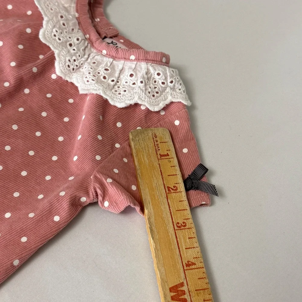 Little Lass Baby Pink Polka‎ Dot Corduroy Dress Eyelet Lace Collar Bows 6/9M